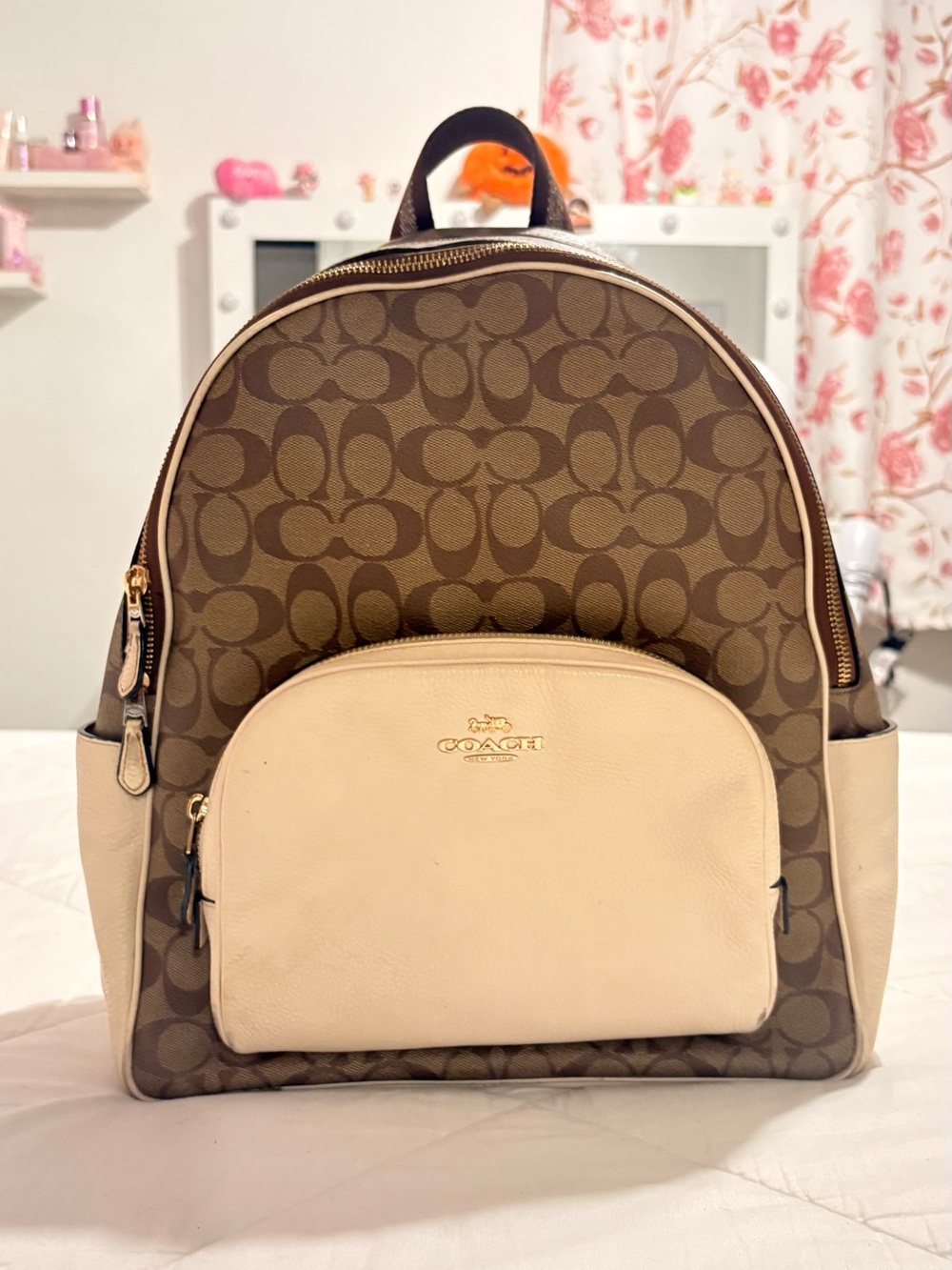 Coach Brown Signature Canvas Backpack with Cream Front Pocket